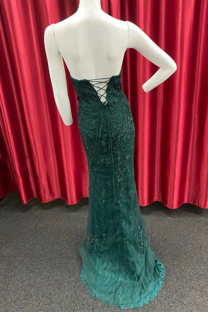 Appliques Strapless Long Prom Gown with Slit