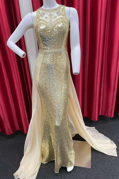 Sequin Illusion Beading Long Formal Gown with Attached Train