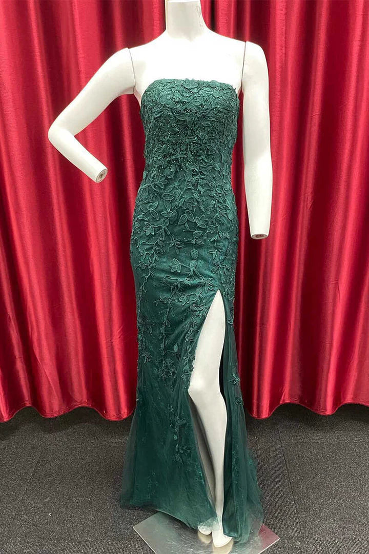 Appliques Strapless Long Prom Gown with Slit
