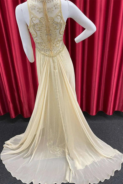 Sequin Illusion Beading Long Formal Gown with Attached Train