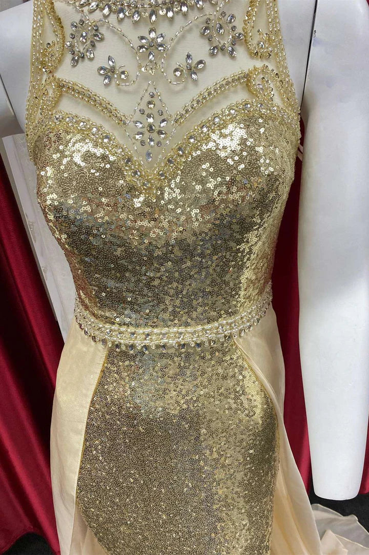 Sequin Illusion Beading Long Formal Gown with Attached Train
