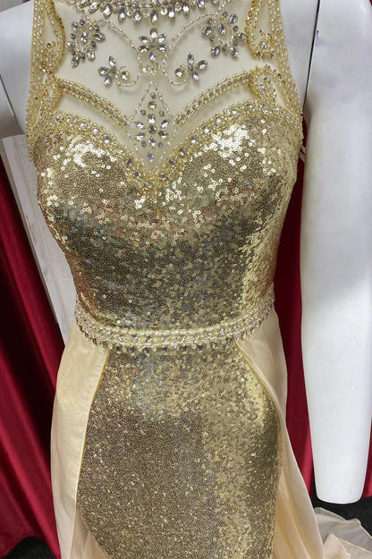 Sequin Illusion Beading Long Formal Gown with Attached Train