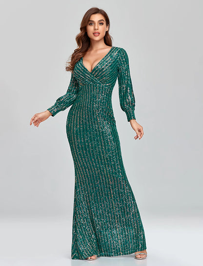 Sheath Mermaid V Neck  Evening Gown Sleek Glitter Sparking Sequins  Floor Length Long Sleeve  Party Dress  Prom Dress