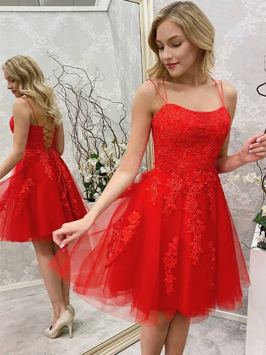 A-Line/Princess Tulle Applique Spaghetti Straps Sleeveless Short/Mini Homecoming Dresses