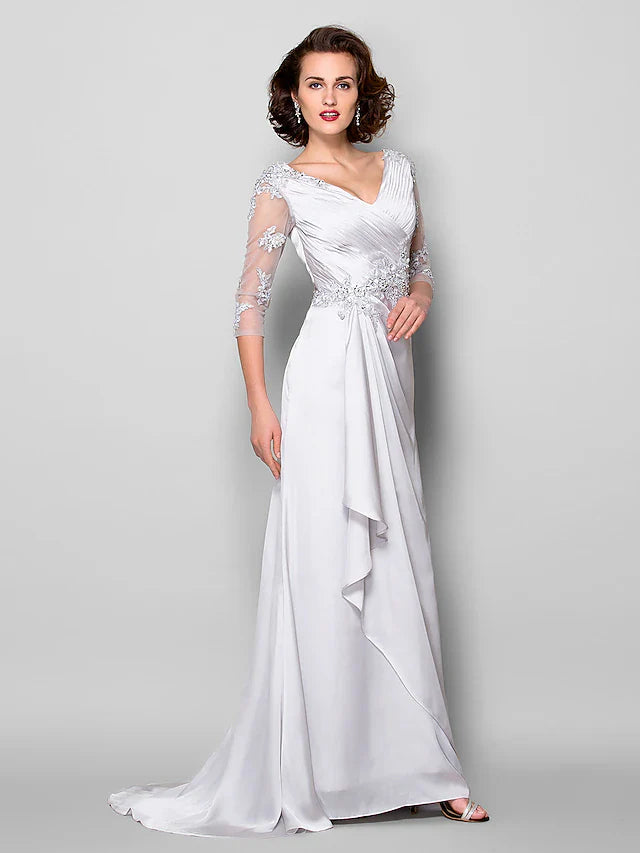 A-Line Mother of the Bride Dress V Neck Sweep / Brush Train Satin Chiffon 3/4 Length Sleeve with Criss Cross Beading Appliques