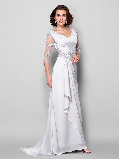 A-Line Mother of the Bride Dress V Neck Sweep / Brush Train Satin Chiffon 3/4 Length Sleeve with Criss Cross Beading Appliques