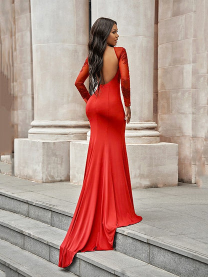 Trumpet/Mermaid Party Dresses Formal Dresses Spandex Applique Scoop Long Sleeves Sweep/Brush Train Dresses