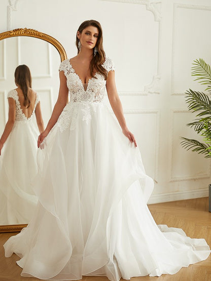 A-Line/Princess Organza Lace Low V-neck Short Sleeves Court Train Wedding Dresses