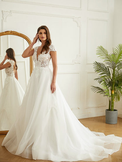 A-Line/Princess Organza Lace Low V-neck Short Sleeves Court Train Wedding Dresses