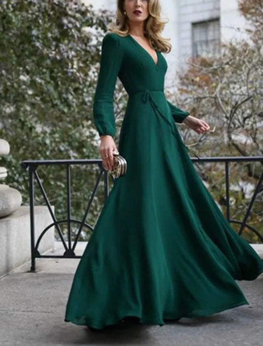 A-Line Minimalist Elegant Wedding Guest Formal Evening Dress V Neck Long Sleeve Floor Length Stretch Chiffon with Pure Color Strappy