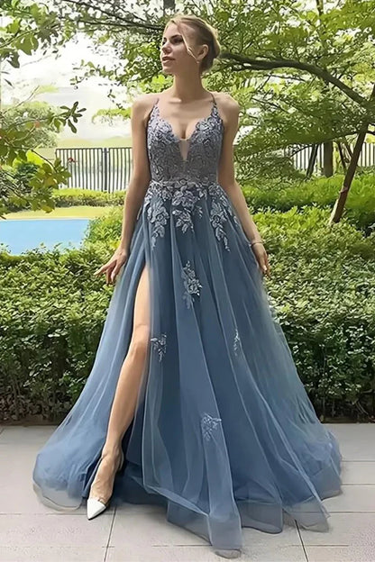 Spaghetti Straps Corset Back Split Long Prom Dress