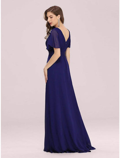 A-Line Evening Gown Empire Dress Wedding Guest Formal Evening Floor Length Short Sleeve V Neck Bridesmaid Dress Chiffon V Back with Ruffles Solid Color