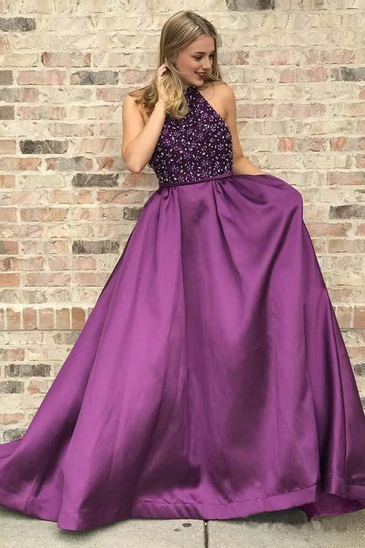 A Line High Neck Purple Long Prom Dresses Beaded Elegant Junior Prom Dress