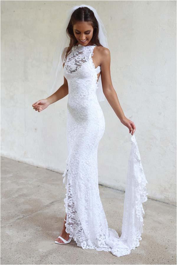 High Neckline Lace Backless Mermaid Wedding Dresses With Court Train