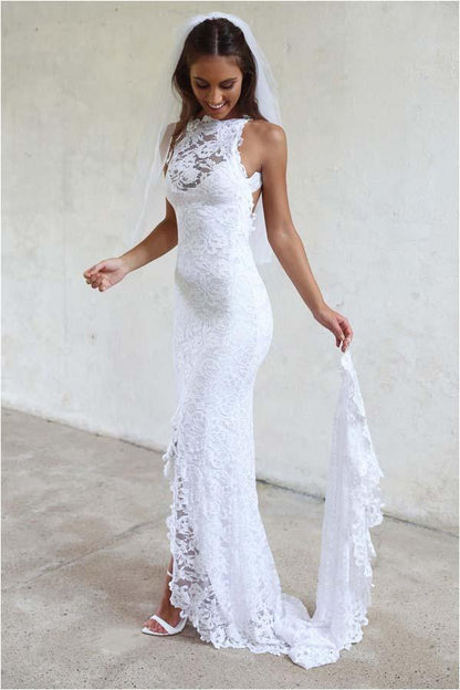 High Neckline Lace Backless Mermaid Wedding Dresses With Court Train