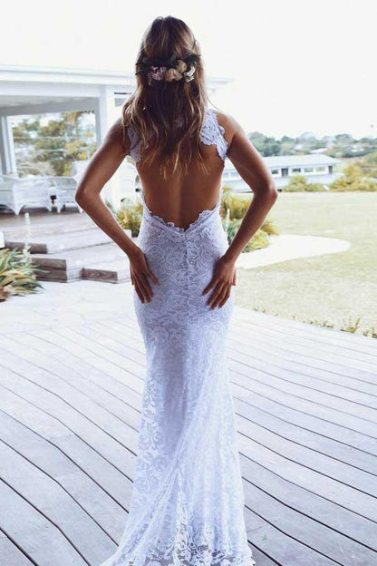 High Neckline Lace Backless Mermaid Wedding Dresses With Court Train