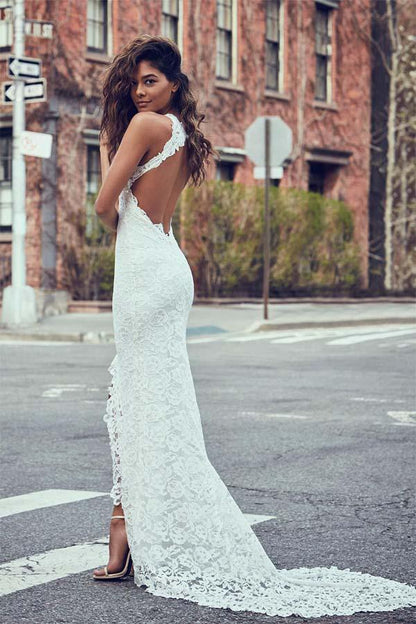 High Neckline Lace Backless Mermaid Wedding Dresses With Court Train