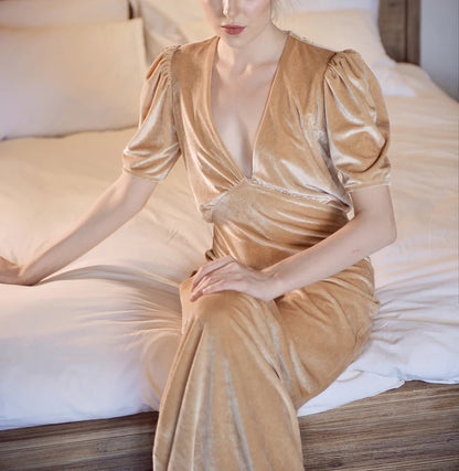 Long Velvet Dress Deep V Neck Short Sleeve Formal Wear Dresses Wedding Guest Dress Evening Dress
