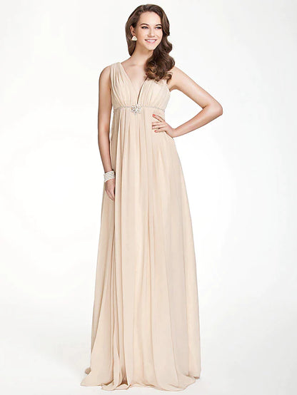 A-Line Bridesmaid Dress V Neck Sleeveless Beautiful Back Floor Length Chiffon with Pleats / Beading / Draping