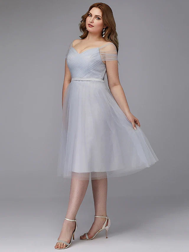 A-Line Elegant Dress Wedding Guest Tea Length Short Sleeve Off Shoulder Tulle with Sash / Ribbon Criss Cross