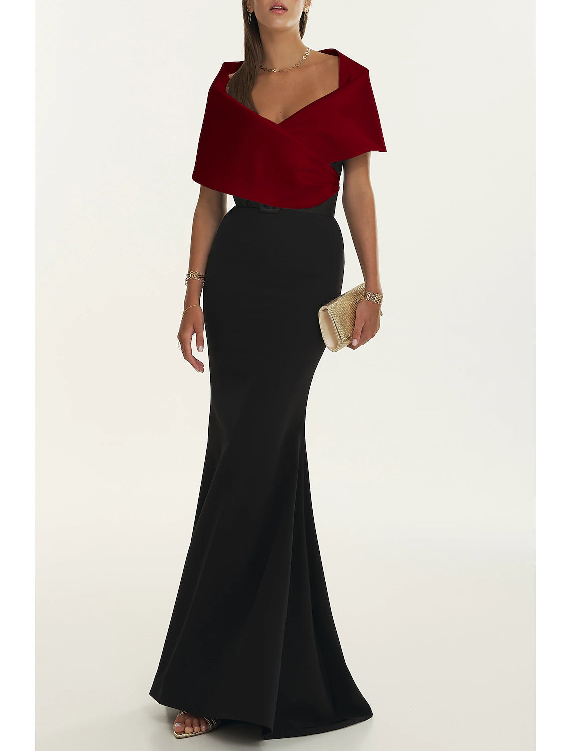 Sheath Mermaid  Off the Shoulder Short Sleeve  Evening Gown Black Floor Length  Satin Pleated Prom Dress with Belt