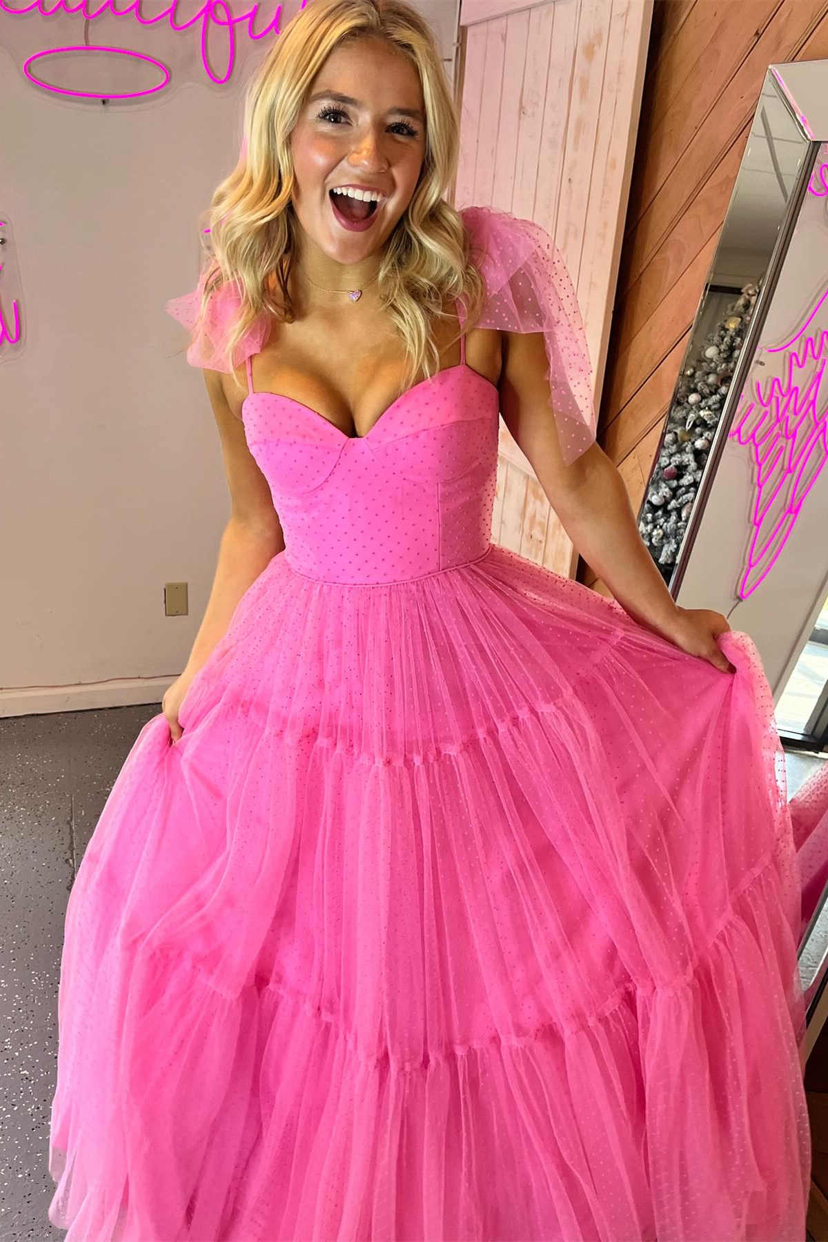A-Line Floor Length  Swiss Dot Tulle Prom Dress with Bow Tie