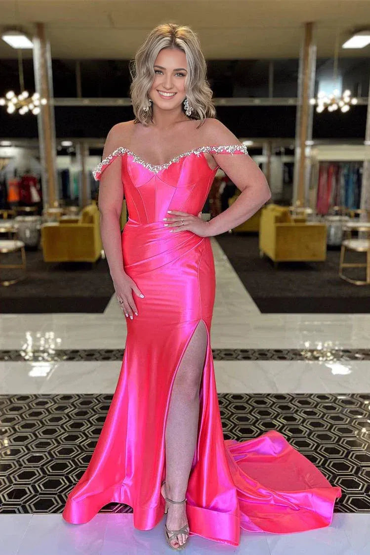 Sheath Mermaid Off the Shoulder  Sweep/Brush Train Evening Dresses Beaded Royal Blue Prom Dress with Slit