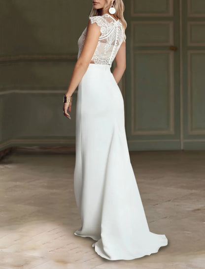 Two Pieces Beach Boho Prom Dress Illusion Neck Cap Sleeve Wedding Dress Chiffon Bridal Suits Bridal Gowns With Appliques