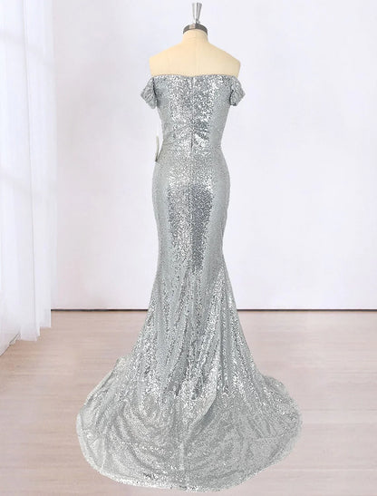 Mermaid / Trumpet Evening Gown Empire Dress Formal Court Train Sleeveless Off Shoulder Imitation Silk with Slit Appliques