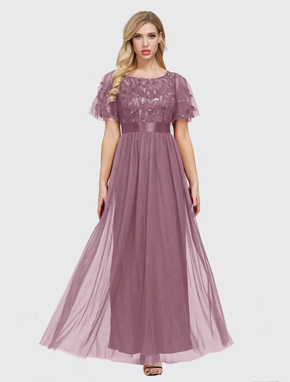 A-Line  Elegant Party Wear Prom Dress Jewel Neck Short Sleeve Floor Length Tulle with Embroidery / Illusion Sleeve