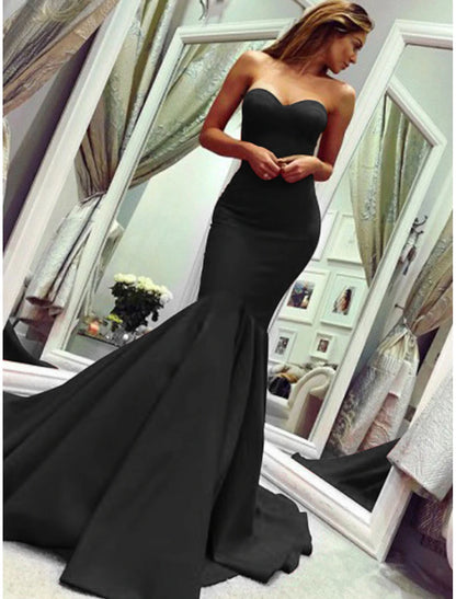 Sheath Mermaid Sleeveless Party Dress Sexy  Dress Strapless  Court Train Stretch Fabric with Pleats