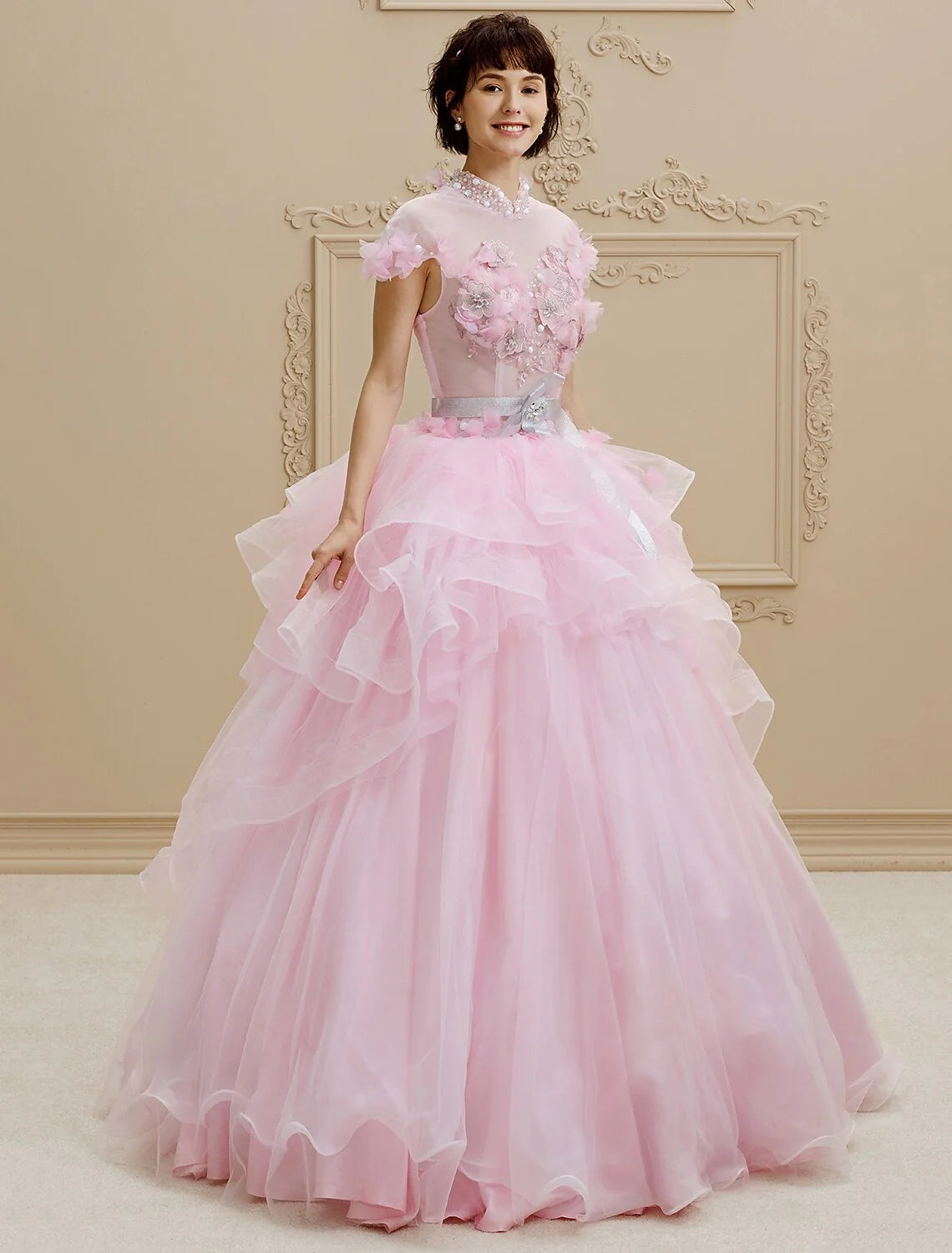 Ball Gown High Neck Floor Length Organza Tulle Wedding Dress with Crystal Beading Bow Flower
