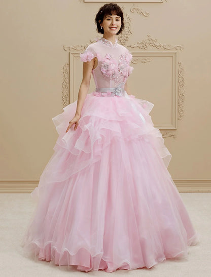 Ball Gown High Neck Floor Length Organza Tulle Wedding Dress with Crystal Beading Bow Flower