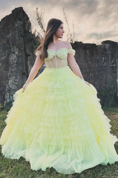 Off the Shoulder Light  Ruffle Layered Prom Dress