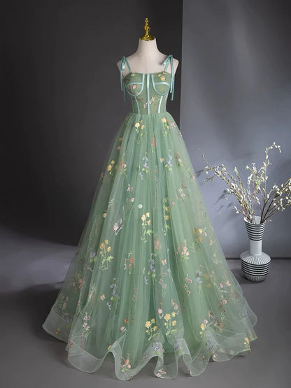 Sweet A-Line Prom Dress Lace Up Shoulder Strap Tulle Lace Green Long flower Dress
