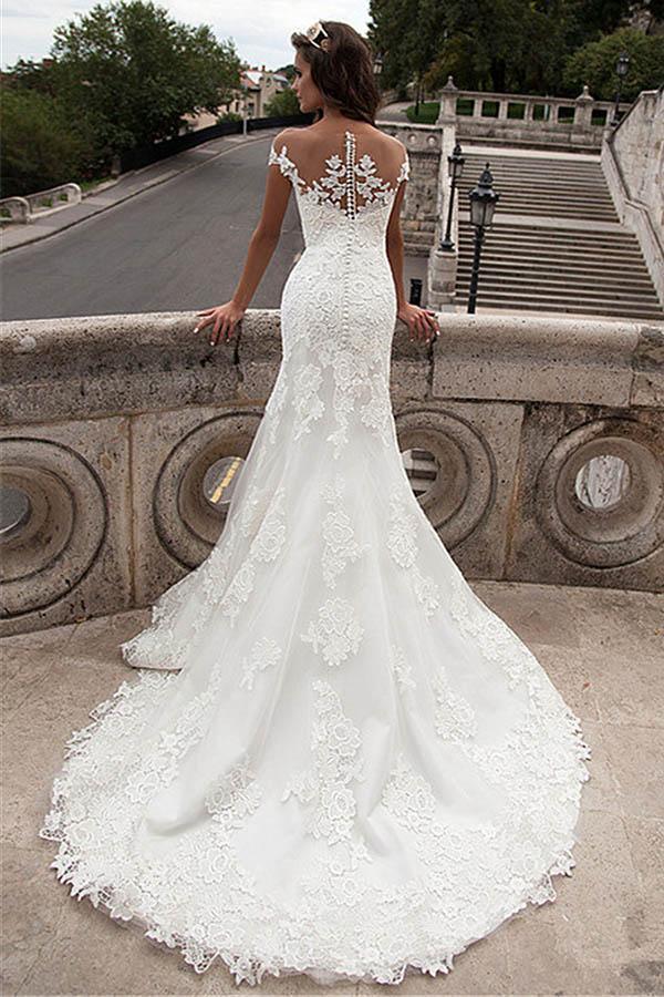 Illusion Neckline Lace Mermaid Long Wedding Dresses