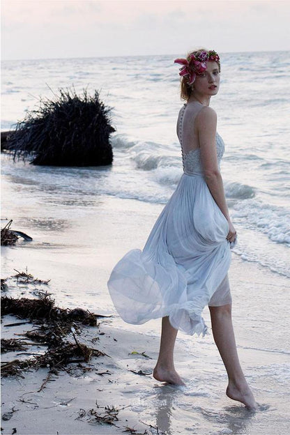 Illusion Neckline Sheer Back Beach Lace Chiffon Wedding Dress