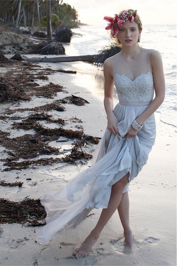 Illusion Neckline Sheer Back Beach Lace Chiffon Wedding Dress