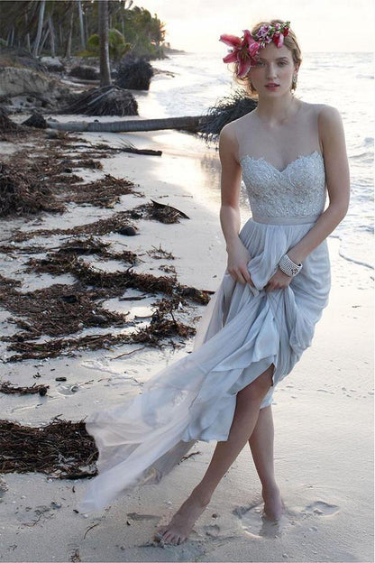Illusion Neckline Sheer Back Beach Lace Chiffon Wedding Dress