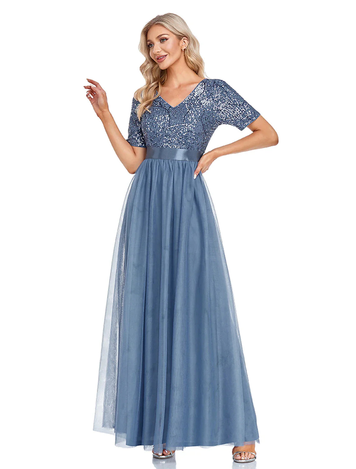A-Line Evening Gown Elegant Dress Wedding Guest Floor Length Short Sleeve V Neck Tulle with Sequin Splicing