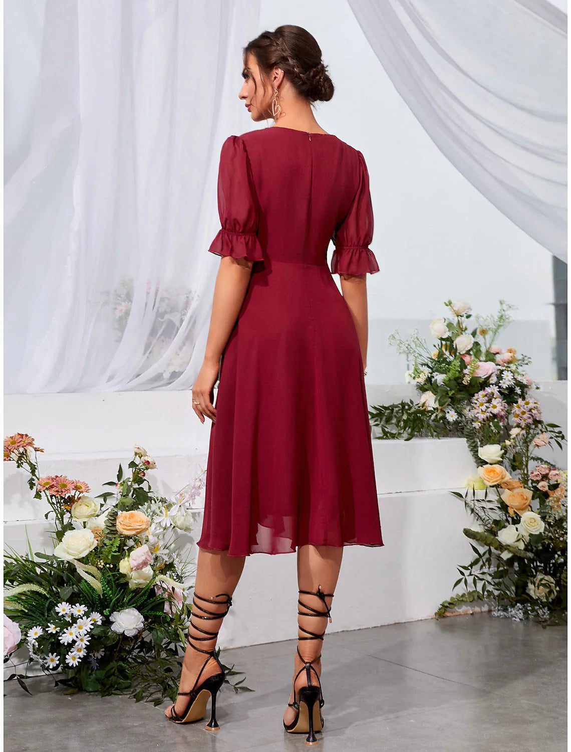 A-Line Wedding Guest Dresses Elegant Dress Knee Length Holiday Tea Length Half Sleeve&nbsp; Chiffon with Fringe