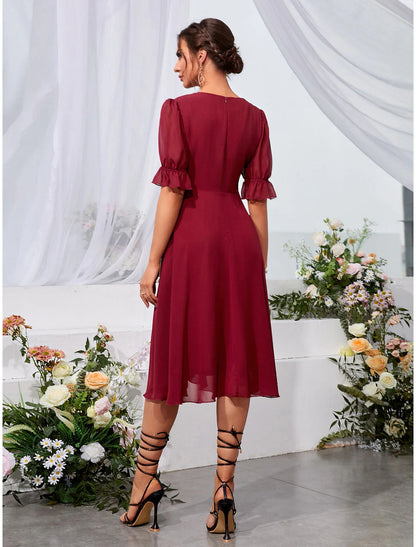 A-Line Wedding Guest Dresses Elegant Dress Knee Length Holiday Tea Length Half Sleeve&nbsp; Chiffon with Fringe