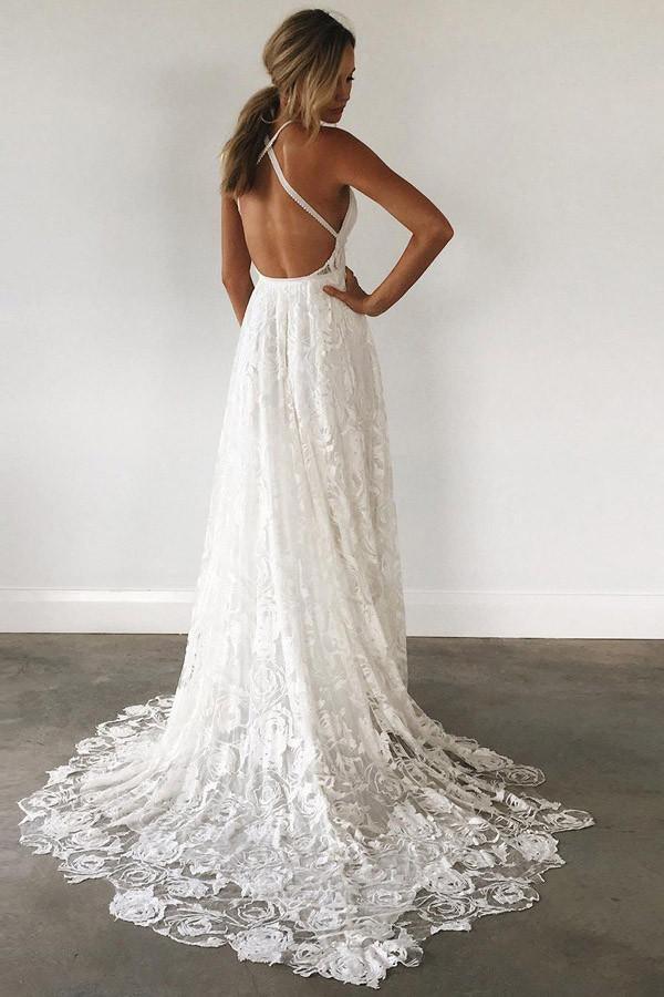 A-Line Straps Backless Court Train Lace Beach Wedding Dres