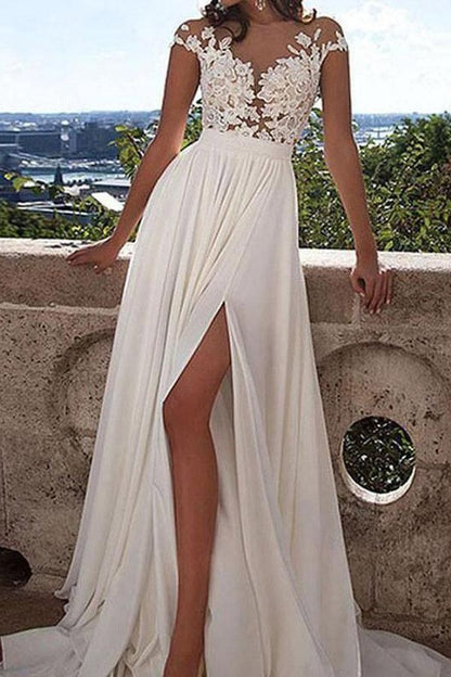V-neck Cap Sleeves Sweep Train  Wedding Dress with Appliques