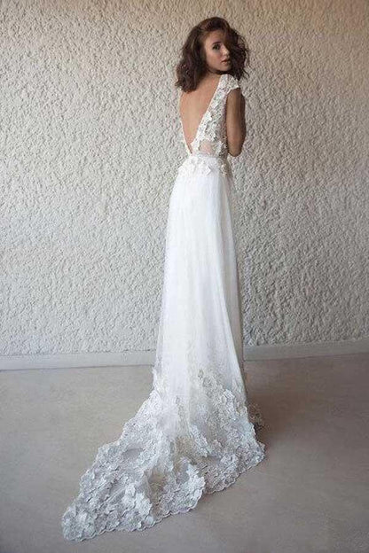 Cap Sleeve See Through Wedding Dresses Beach Bridal Dress