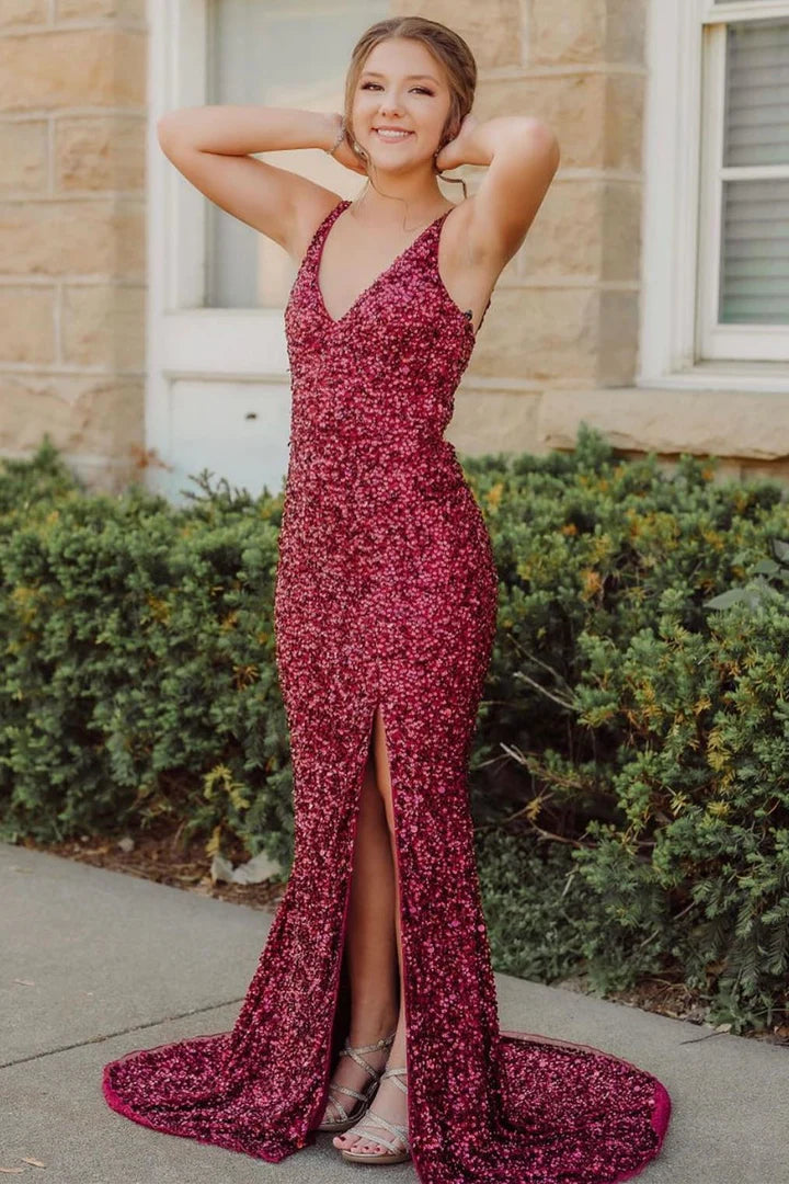 Sequins V Neck Mermaid Long Formal Dress