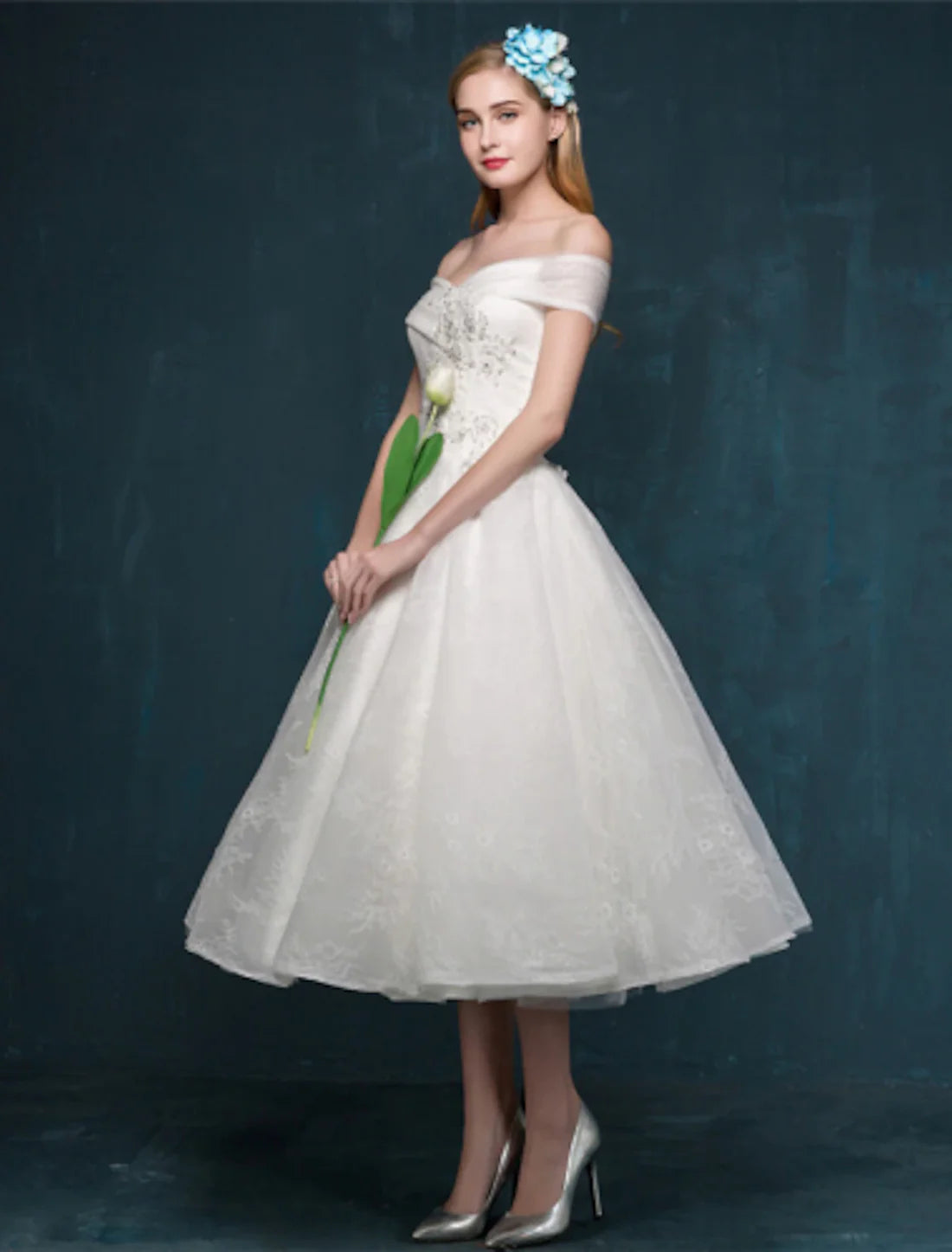 Bridal Dresses Wedding Dresses A-Line Off Shoulder Cap Sleeve Tea Length Lace Bridal Gowns With Beading Sequin