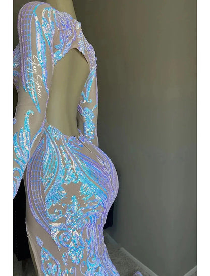 Mermaid / Trumpet Evening Gown Floral Dress Formal Chapel Train Long Sleeve V Neck Sequined Backless with Sequin Slit