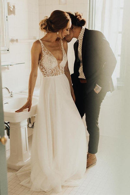 Beach Wedding Dresses See Through Pearl Beaded Wedding Dress