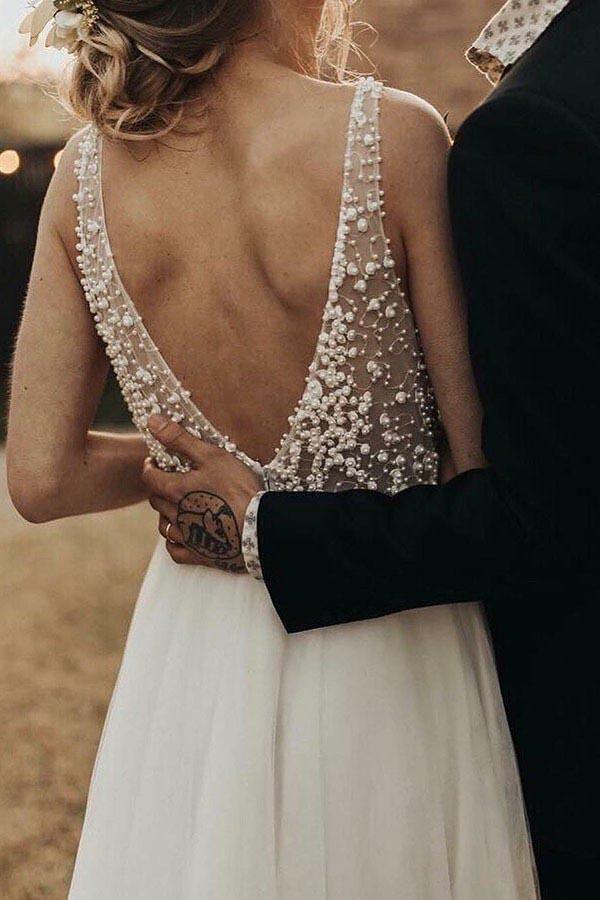 Beach Wedding Dresses See Through Pearl Beaded Wedding Dress